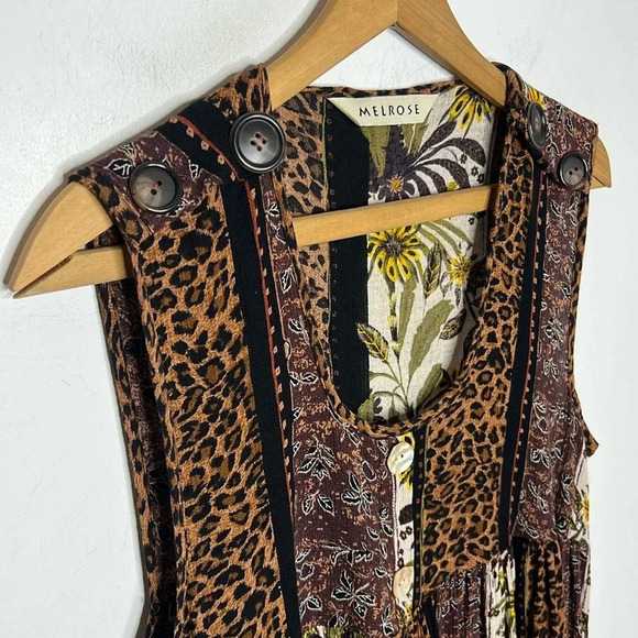 MELROSE Mixed Print Leopard Animal Floral Boho Sleeveless Flowy Popover Dress - Picture 4 of 9